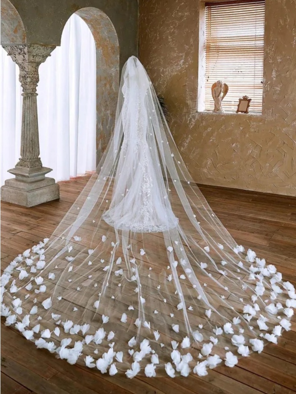 Dramatic White Cathedral Veil with 3D Floral Appliqués